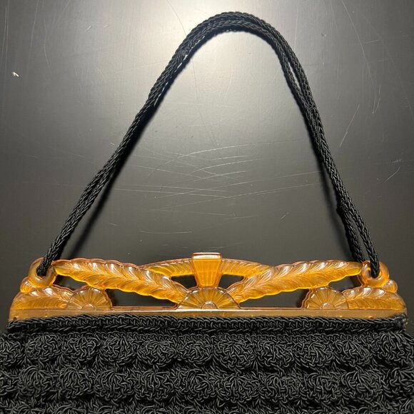 Popcorn Crochet Black Shoulder Purse With Celluloid Frame And Chain Vintage Boho - Picture 3 of 10